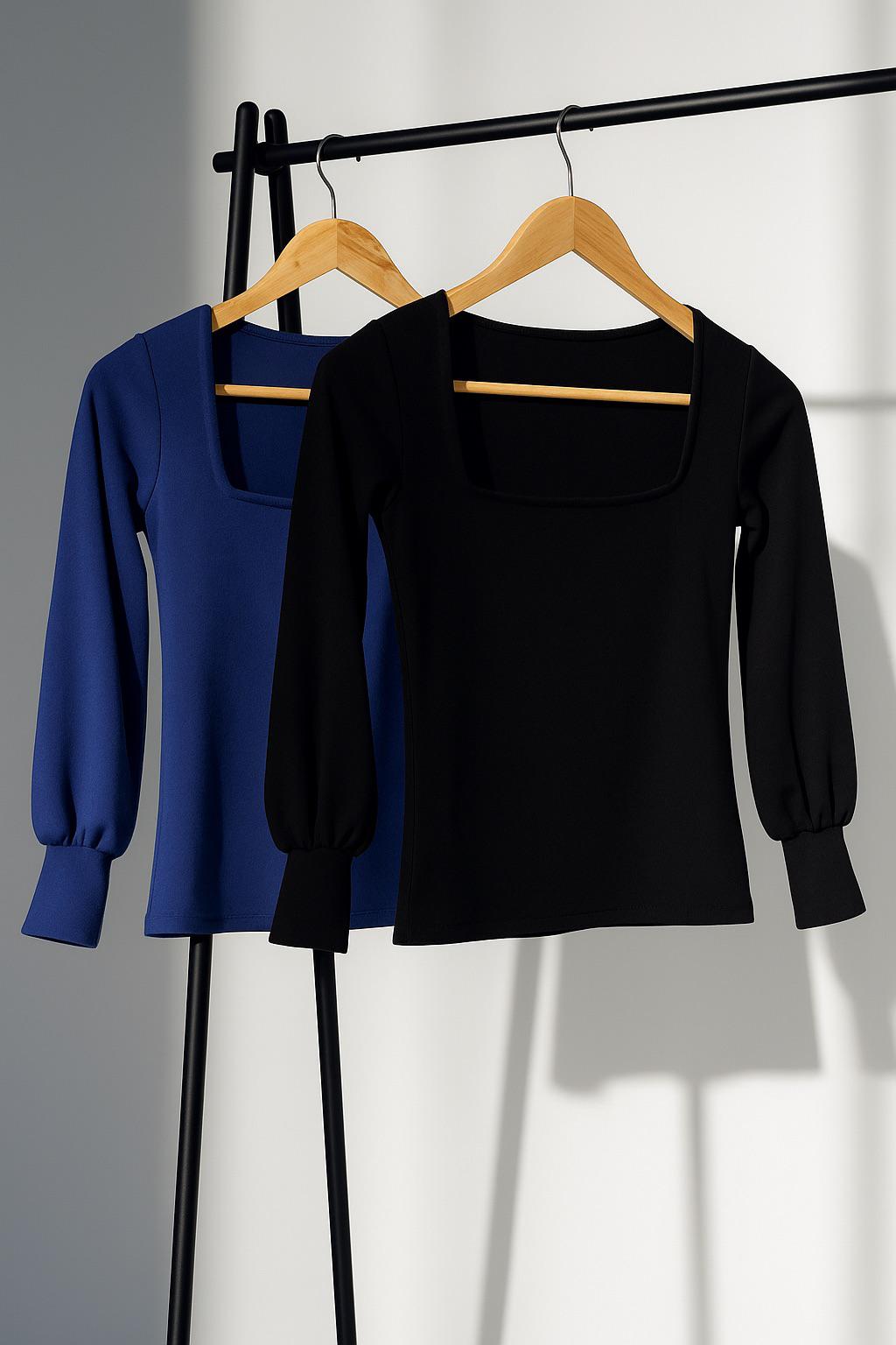 Blusa Negra Cuello Cuadrado con Manga Globo - Imagen 2